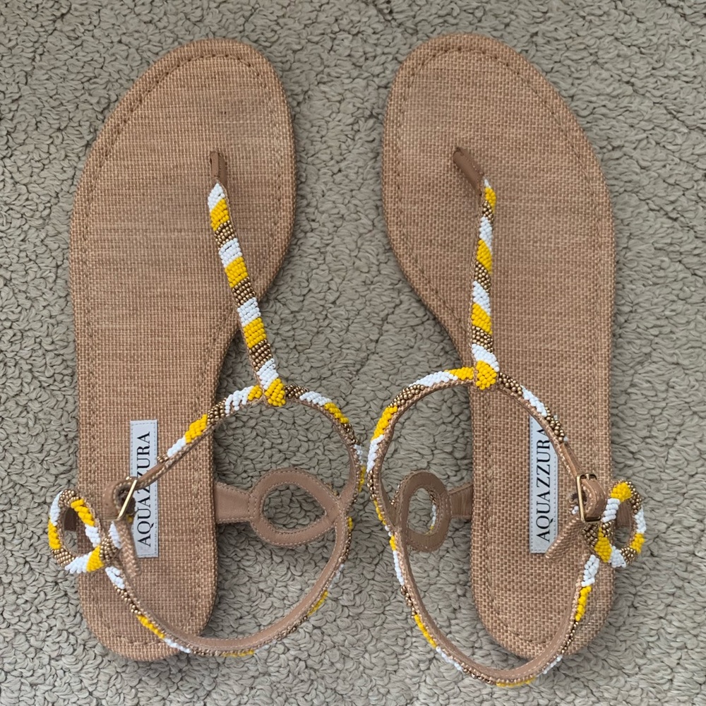 Aquazzura Almost Bare Beaded Raffia Sandals, Size 40